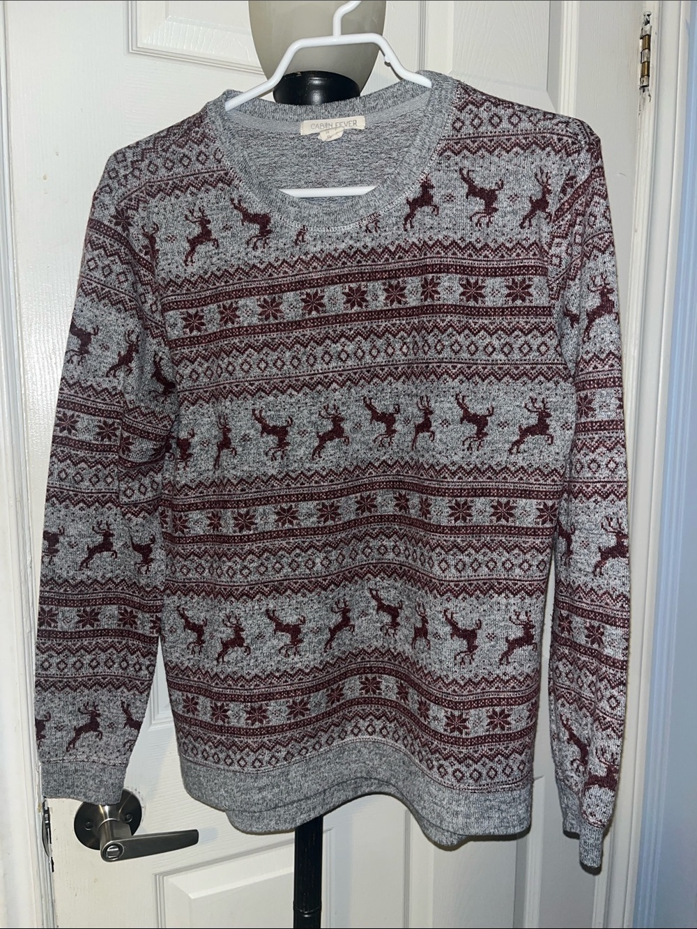 Cozy Grey & Burgundy Reindeer Fair Isle Sweater